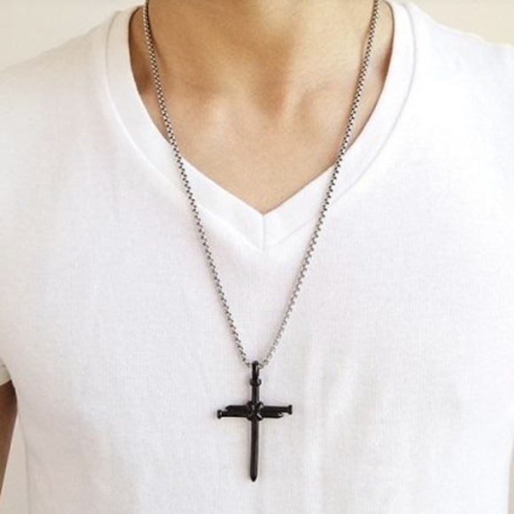 BLACK over Stainless Steel Nails & Rope Cross pendant necklace - Picture 3 of 5